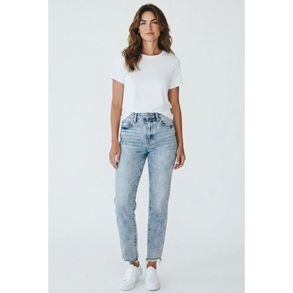 Risen Jeans Denim - Risen Jeans Straight Leg Womens Light Acid Wash Distressed Raw Hem Size 5/27